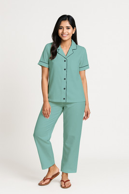 FAB FIT Girls Solid Blue Night Suit Set