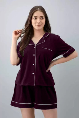 FLORESA Women Solid Maroon Night Suit Set
