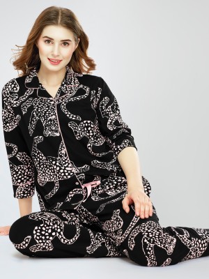 ZEYO Women Animal Print Black Shirt & Pyjama set