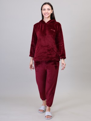 Camey Women Solid Maroon Top & Pyjama Set