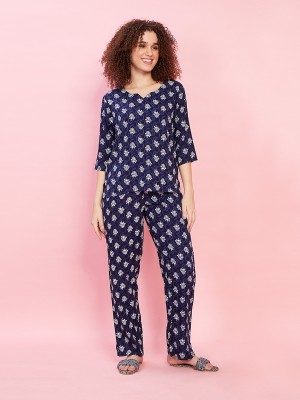 Evolove Women Printed Dark Blue Top & Pyjama Set