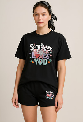 My Swag Women Graphic Print Black Top & Shorts Set