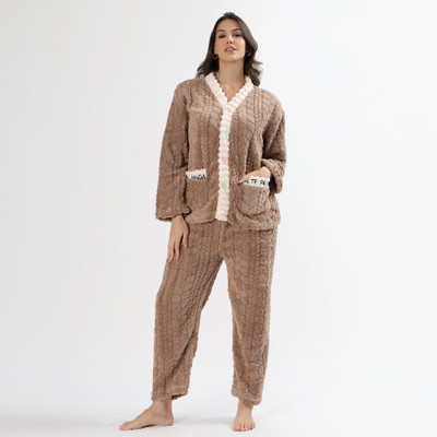 PQN PARTY QUEEN Women Self Design Brown Night Suit Set