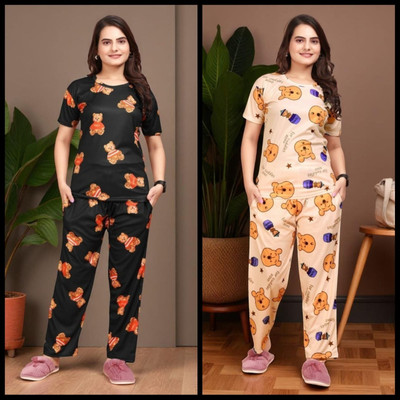 FASHION GREAB Women Printed Black Top & Pyjama Set