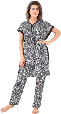 G4Girl Women Printed Grey, Black Night Suit Set