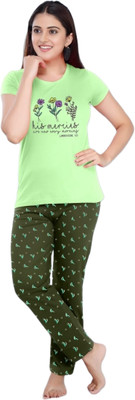 Avzee Women Printed, Floral Print Green Night Suit Set