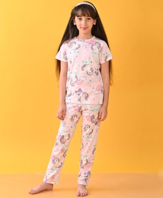 anthrilo Girls Printed Pink Top & Pyjama Set