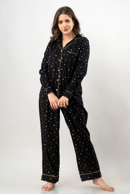 Azzurra Women Printed Black Shirt & Pyjama set