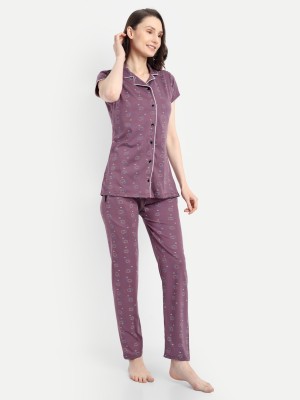 MushyMod Women Geometric Print Purple Shirt & Pyjama set