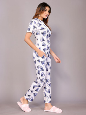 HouseOfCommon Women Embellished Light Blue, White Night Suit Set