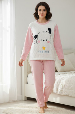 Visista Girls Striped, Graphic Print Pink Night Suit Set