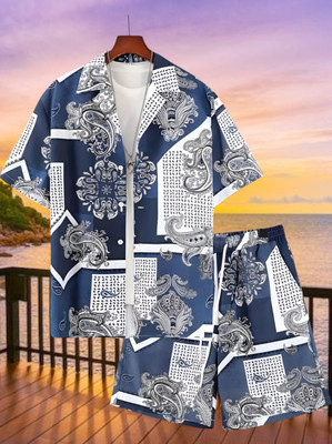 Varni Creation Men Printed Dark Blue Top & Shorts Set