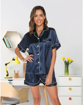 Vd hub Women Solid Dark Blue Night Suit Set