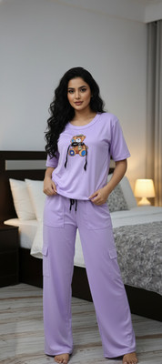 STILIFY Women Graphic Print, Solid Purple Night Suit Set