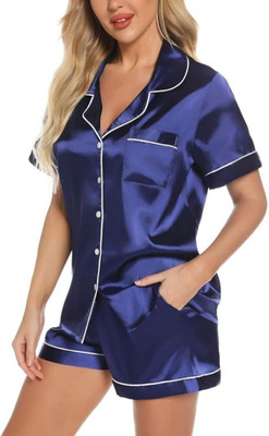 Vd hub Women Solid Dark Blue Night Suit Set