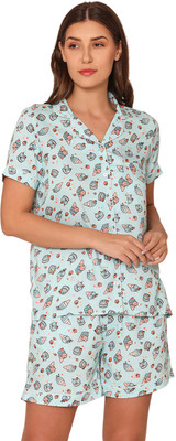 VAMI Women Printed Light Blue Top & Shorts Set