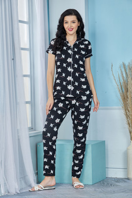 NARACHI TEXWORLD Women Printed Black, White Shirt & Pyjama set