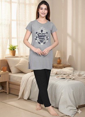 NATRIS Women Printed Grey Top & Pyjama Set