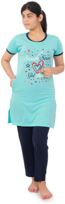 Bliss Bell Women Printed Blue Top & Pyjama Set