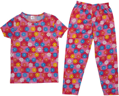 KANNIMAR Girls Printed Pink Night Suit Set