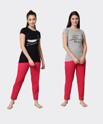 Fit N Fame Women Printed Red, Black Top & Pyjama Set