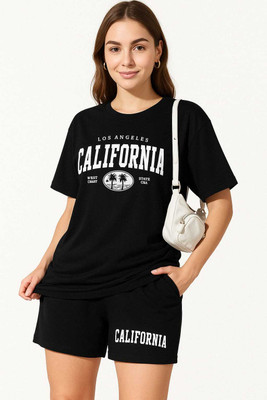 kshs Women Solid Black Top & Shorts Set