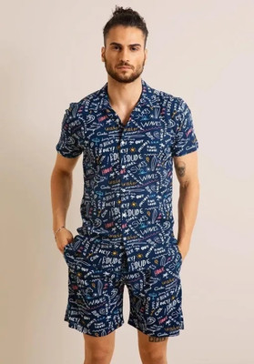 HASINI Fashion Men Printed Blue, White Night Suit Set