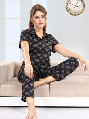 Trade Zone Women Printed Black Shirt & Pyjama set