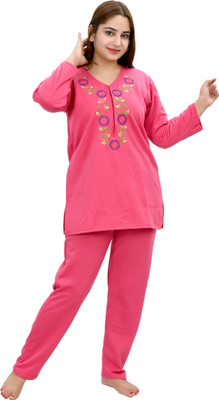 NACNO Women Solid, Embroidered Pink Top & Pyjama Set