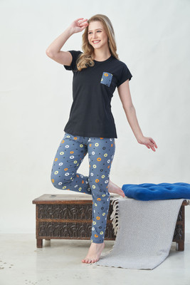 NARACHI TEXWORLD Women Printed Black Top & Pyjama Set