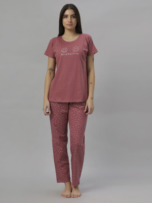 DZZO Women Printed Red Top & Pyjama Set
