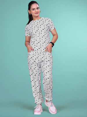Hercill Women Printed White, Black Top & Pyjama Set