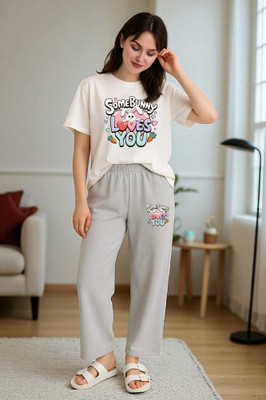 Elvia Women Printed Grey Top & Pyjama Set