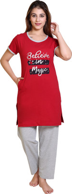 E-MAX Women Printed, Solid Multicolor Top & Pyjama Set