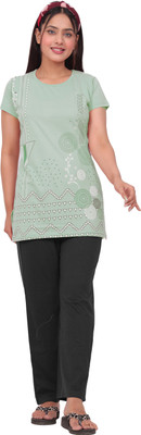 JUST LOVE Women Floral Print Light Green, Black Top & Pyjama Set