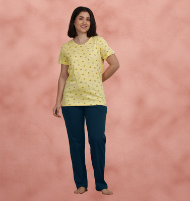 shyaway Women Printed Yellow, Blue Top & Pyjama Set