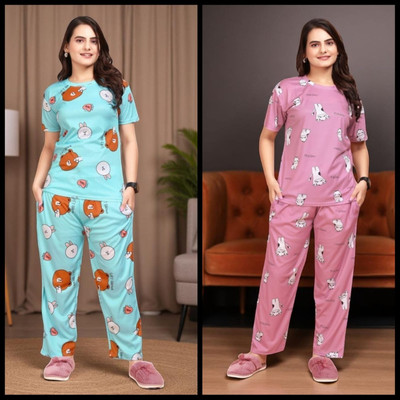 FASHION GREAB Women Printed Pink Top & Pyjama Set