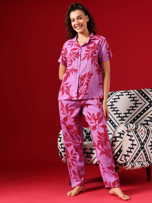 Clovia Women Floral Print Purple Shirt & Pyjama set