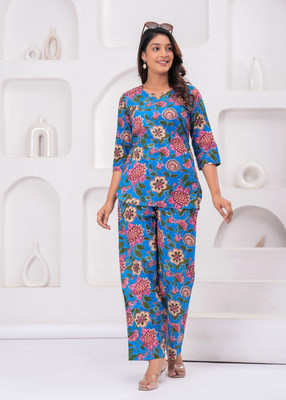 HouseOfCommon Women Floral Print Blue Night Suit Set
