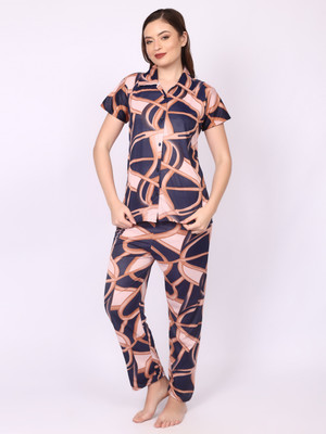 Nightify Women Printed Dark Blue Shirt & Pyjama set