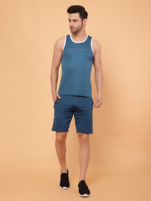 PicPok Men Solid Dark Blue Top & Shorts Set