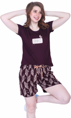 NIGHTVIEW Women Printed Brown Top & Shorts Set