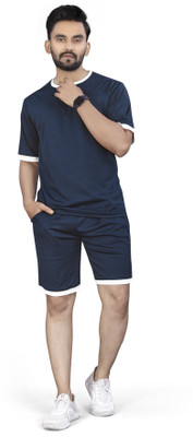 NISPRUH Men Self Design Blue Top & Shorts Set