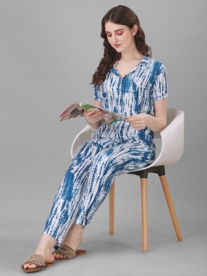 DHMPONE ENTERPRISE Women Printed Blue Shirt & Pyjama set