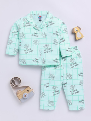 YK X Tinyo Baby Girls Printed Green, Grey Night Suit Set