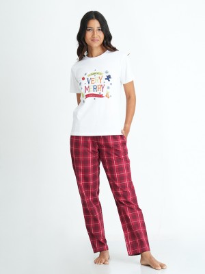 Mackly Women Printed White, Red Top & Pyjama Set