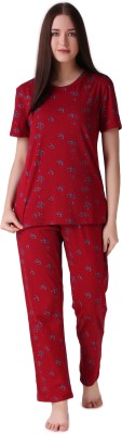 Masha Women Printed Maroon Top & Pyjama Set