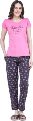 AllureBlue Women Printed Pink, Dark Blue Top & Pyjama Set