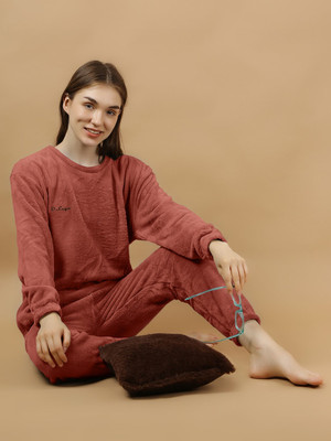Lugo Women Solid Red Night Suit Set