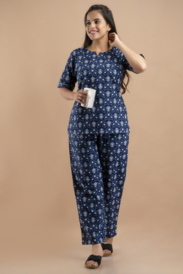 GORDHAN Women Printed Dark Blue Night Suit Set